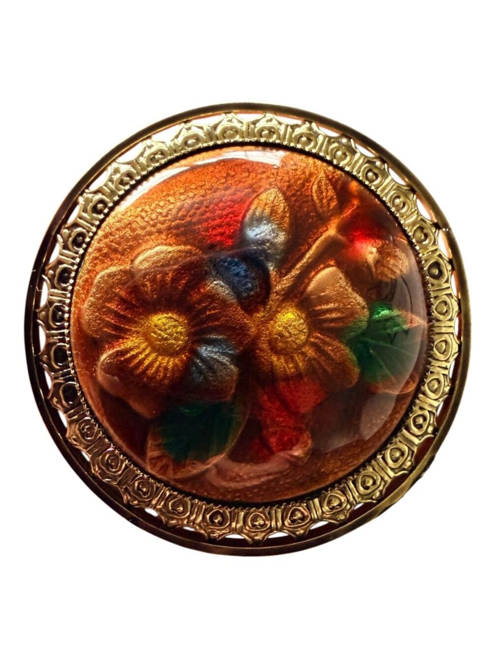Vintage Reverse Carved Lucite Brooch Gold Tone Floral Pin 1950s New Old Stock